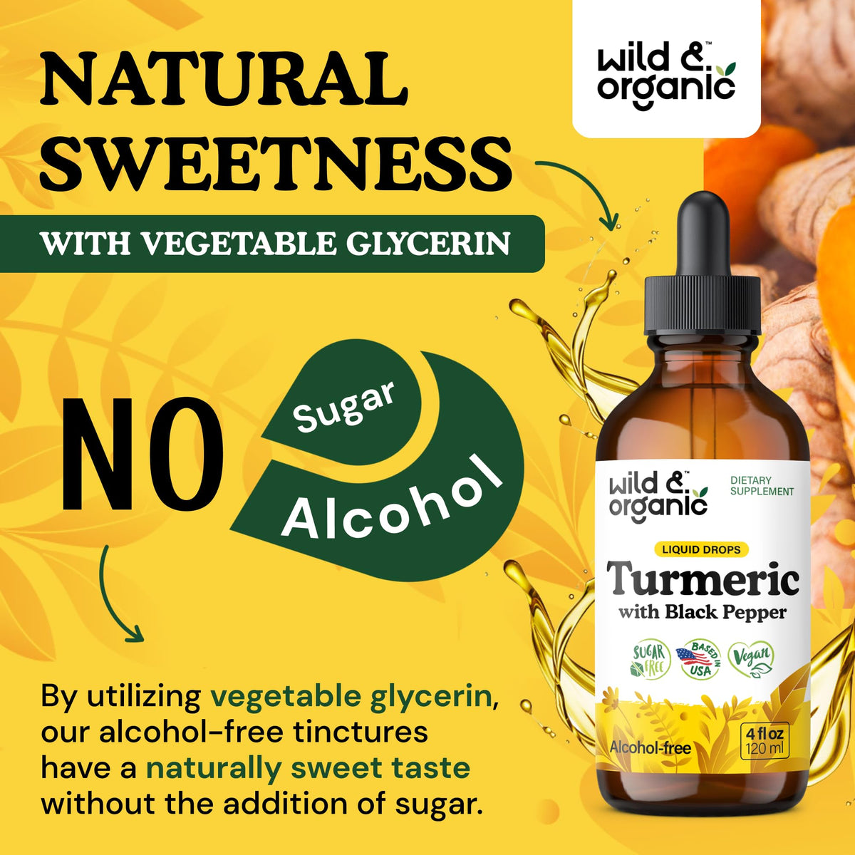 Flacon de complément liquide de curcuma Wild & Organic avec verre