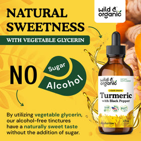 Flacon de complément liquide de curcuma Wild & Organic avec verre
