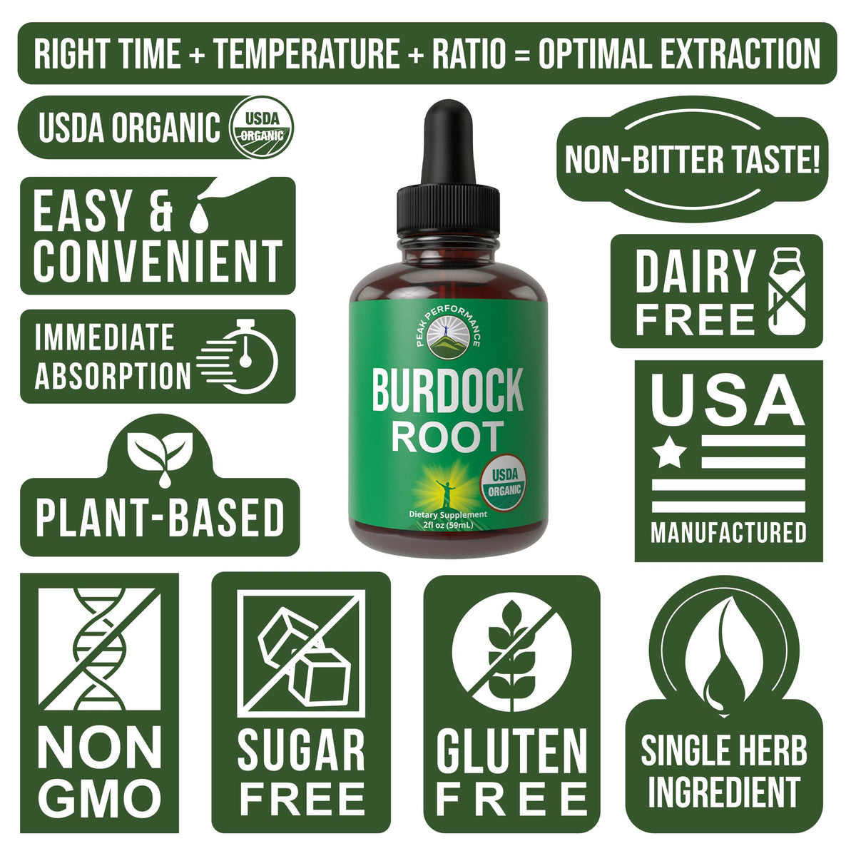 Flacon de complément liquide racine de bardane bio Peak Performance avec des ingrédients naturels