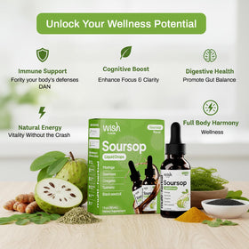 Flacon de complément liquide Soursop Wish Fusion avec étiquette visible
