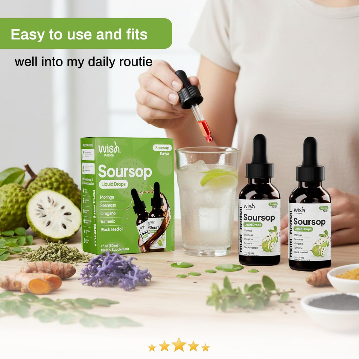 Flacon de complément liquide Soursop Wish Fusion dans un réfrigérateur