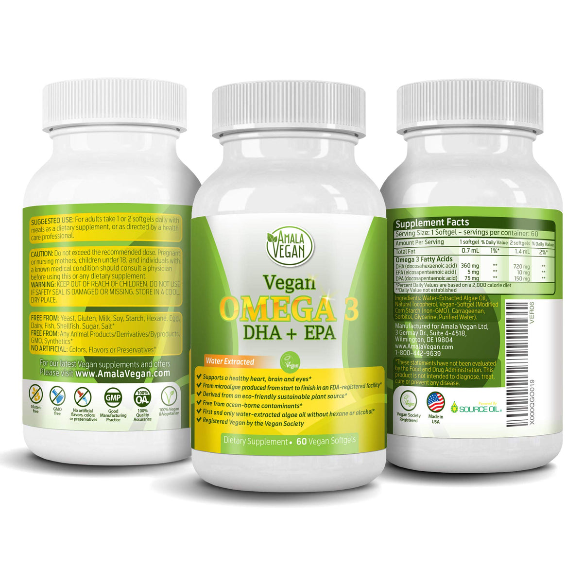 Flacon de Complément Omega 3 Amala Vegan 68g face avant avec étiquette