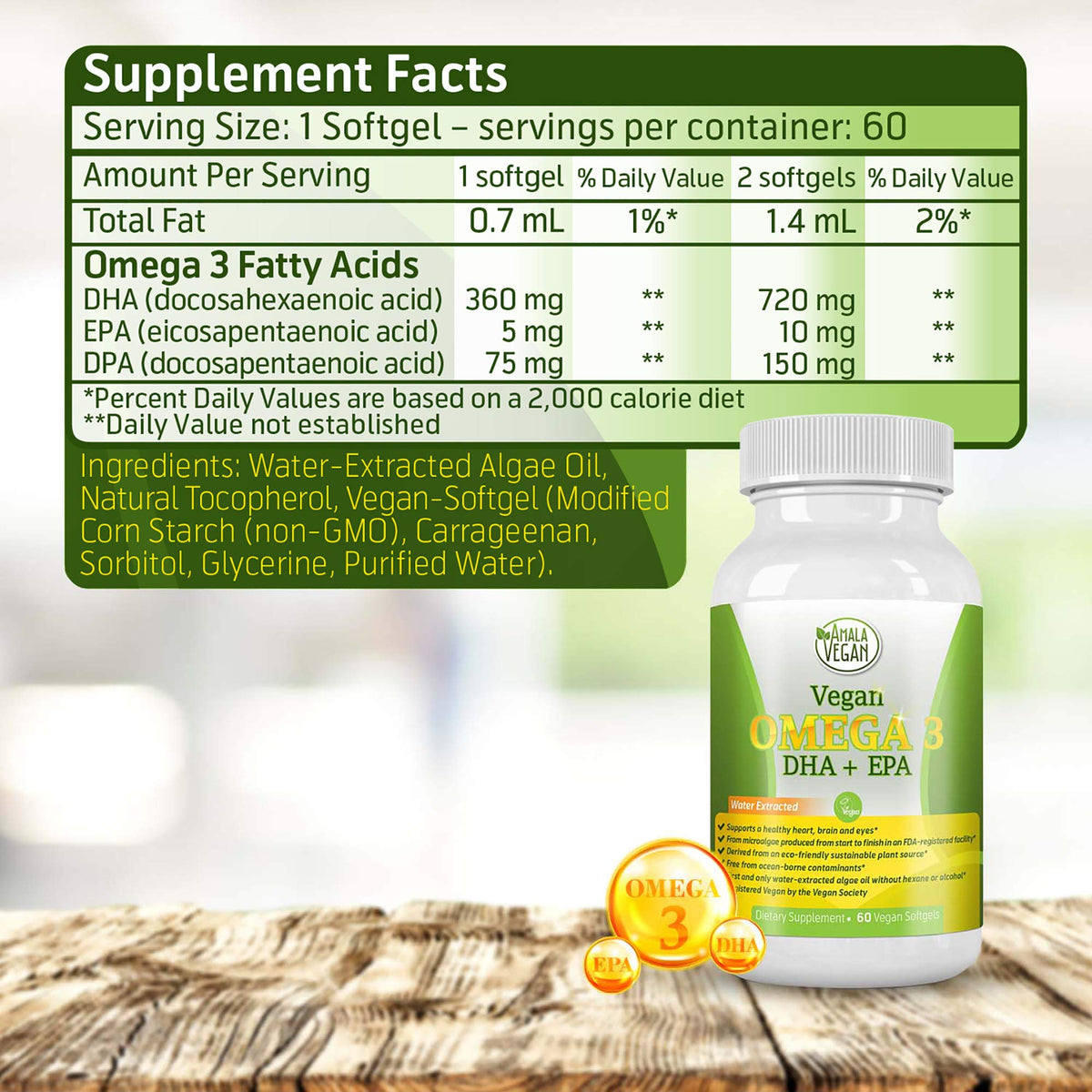 Flacon de Complément Omega 3 Amala Vegan ouvert avec gélules