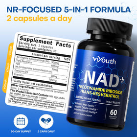 Flacon de complément VIYOUTH NAD+ 500mg avec dosage recommandé
