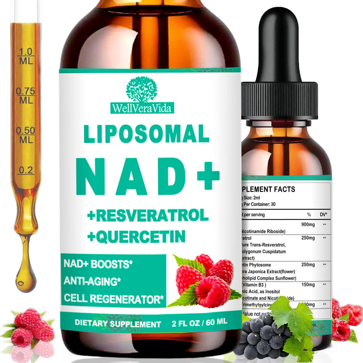 Flacon de complément WellVeraVida NAD+ 900mg liquide vue avant