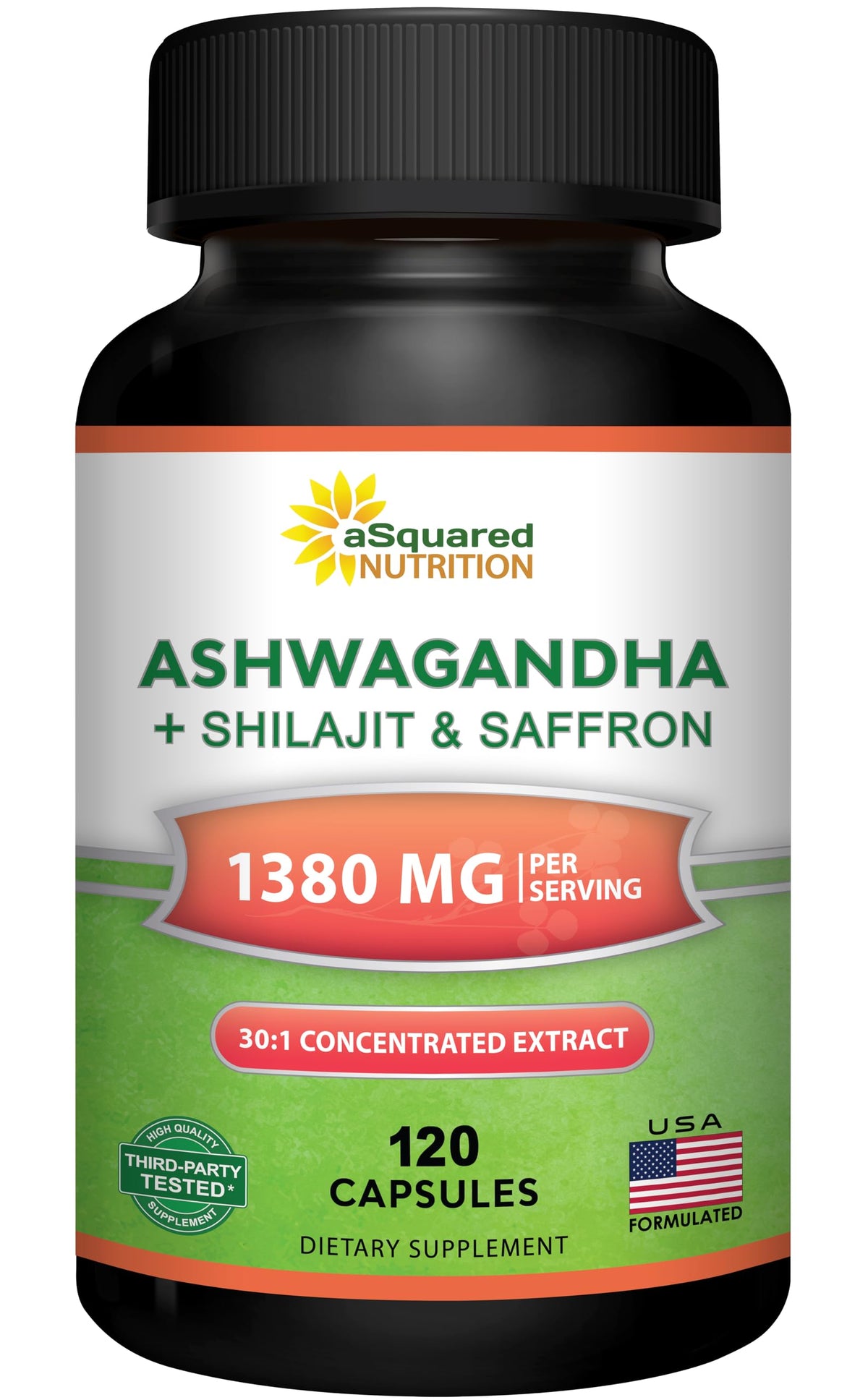 Flacon de compléments alimentaires Ashwagandha aSquared Nutrition 120 capsules
