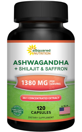 Flacon de compléments alimentaires Ashwagandha aSquared Nutrition 120 capsules