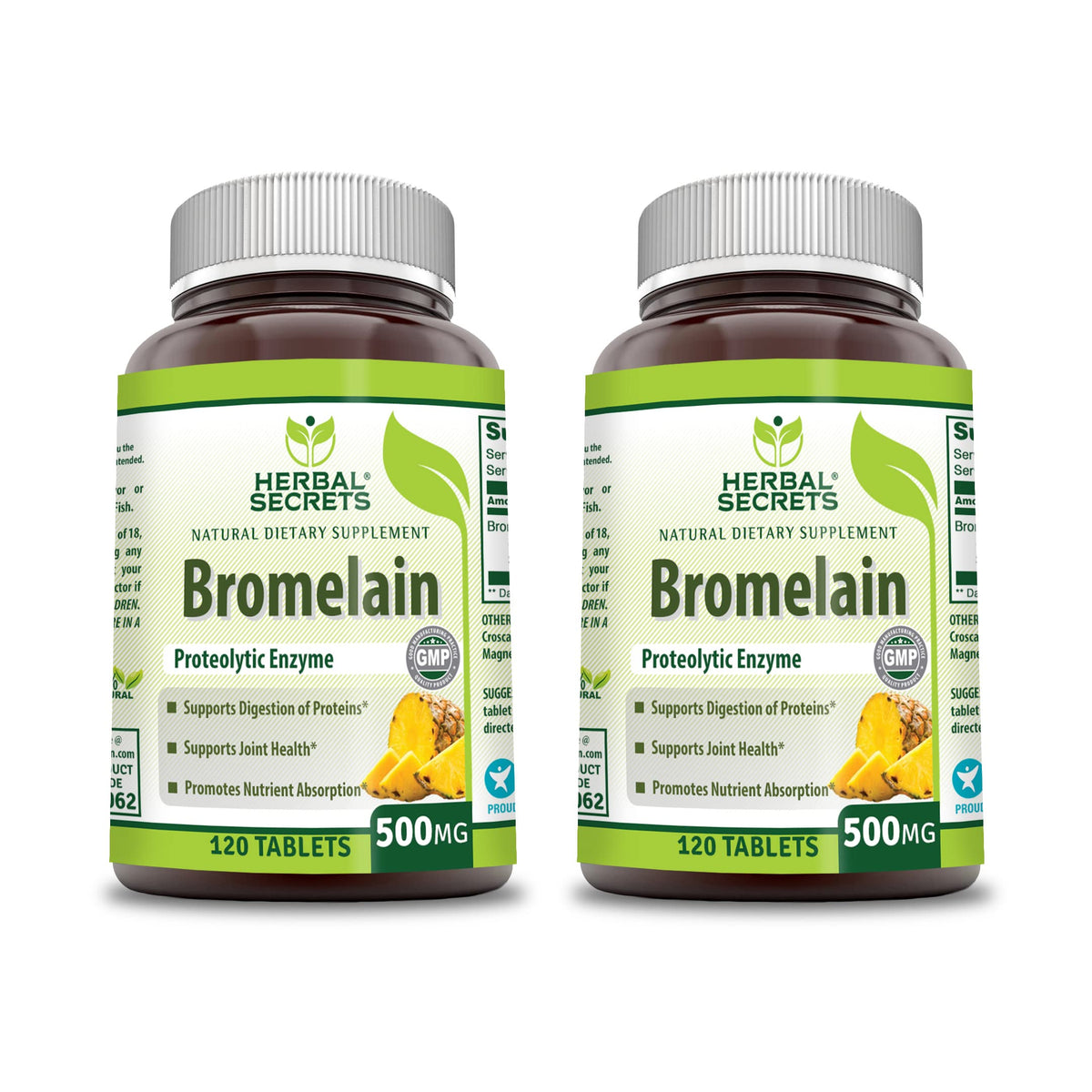 Flacon de compléments alimentaires Herbal Secrets Bromélaïne 500 mg, 120 comprimés, vue de face