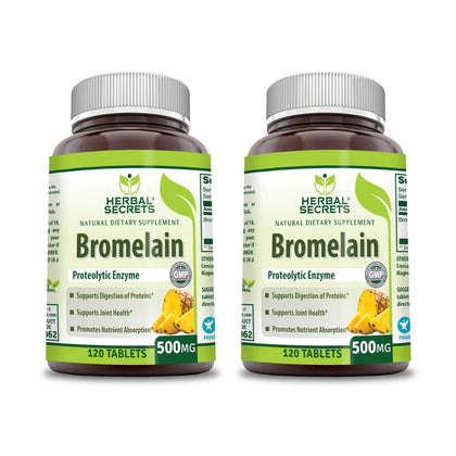 Flacon de compléments alimentaires Herbal Secrets Bromélaïne 500 mg, 120 comprimés, vue de face