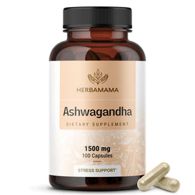 Flacon de compléments alimentaires HERBAMAMA Ashwagandha 60 capsules
