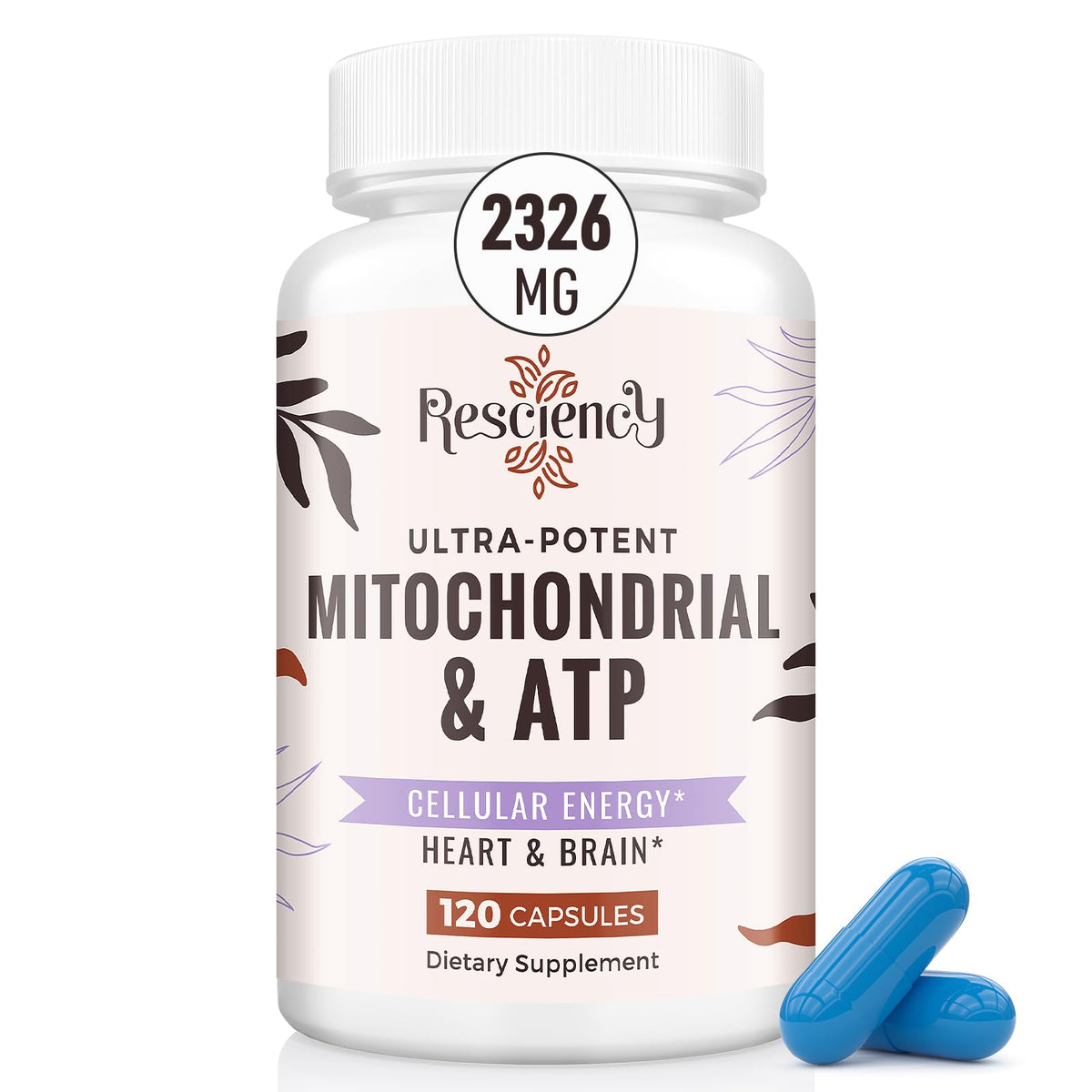 Flacon de compléments alimentaires mitochondriaux Resciency 2326 MG 120 capsules