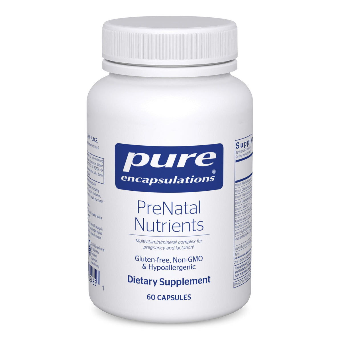Flacon de compléments alimentaires prénatals Pure Encapsulations 60 capsules vue de face