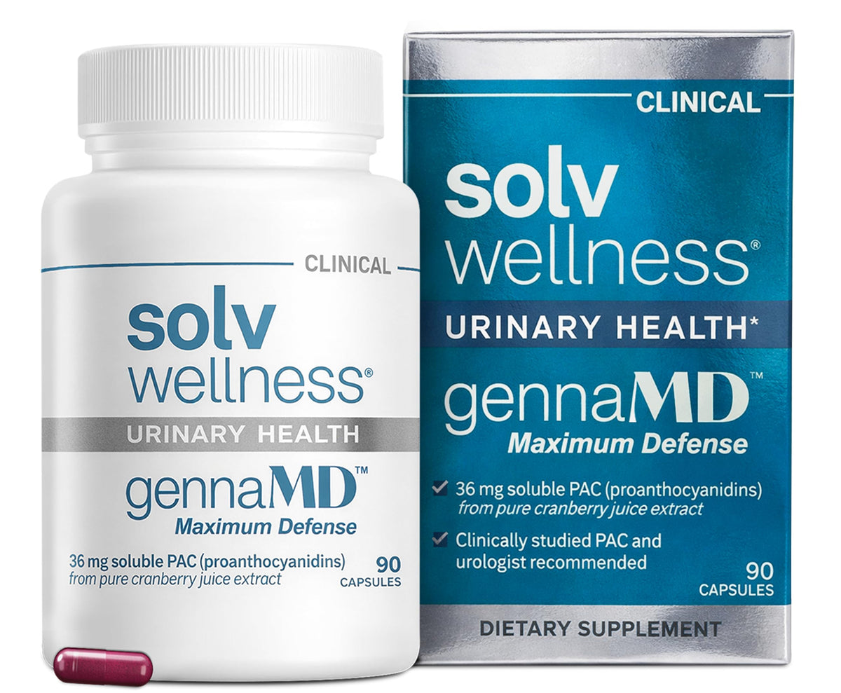 Flacon de compléments alimentaires Solv Wellness GennaMD canneberge avec 90 capsules