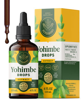 Flacon de compléments alimentaires Yohimbe HERBAMAMA avec étiquette visible