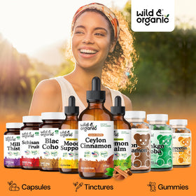 Flacon de compléments de cannelle de Ceylan Wild & Organic sur fond blanc