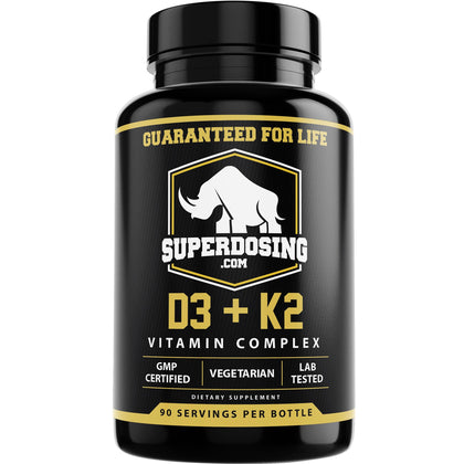 Flacon de compléments SuperDosing.com D3K2 10000 IU 1500 mcg vue avant