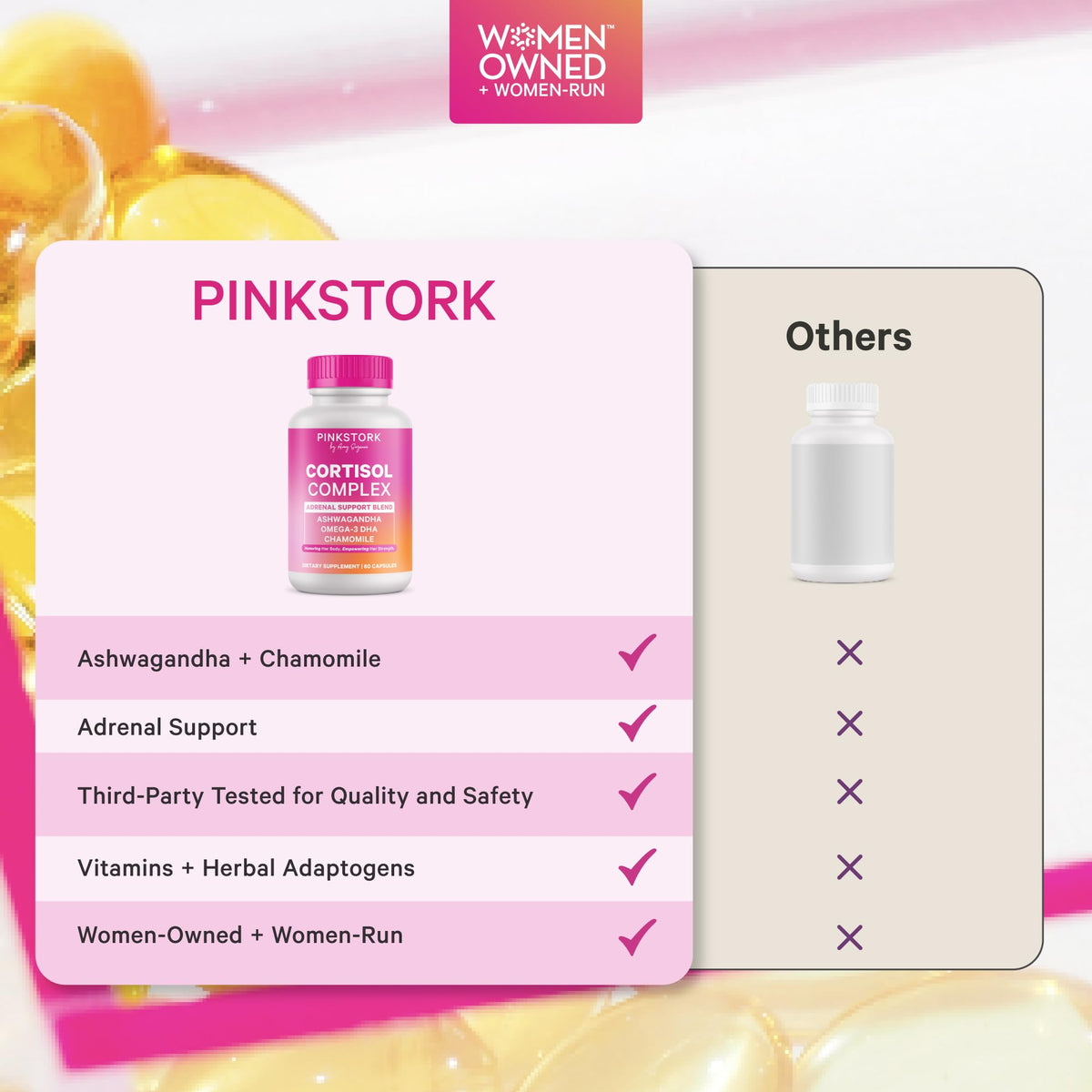 Flacon de Complexe de Cortisol Pink Stork ouvert avec capsules visibles