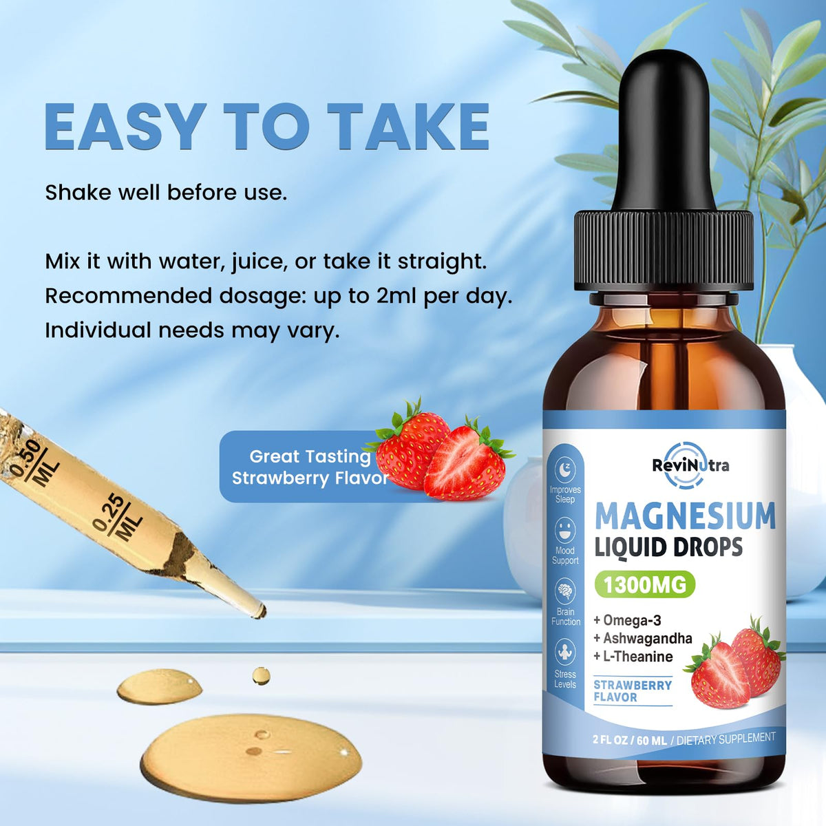 Flacon de Complexe de Magnésium Liquide ReviNutra avec verre de boisson