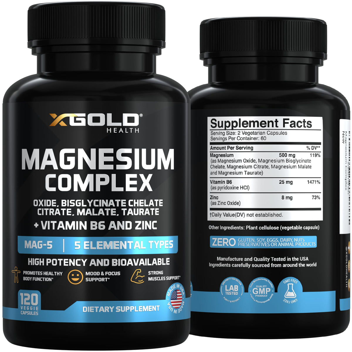 Flacon de complexe de magnésium X Gold Health avec dosage affiché