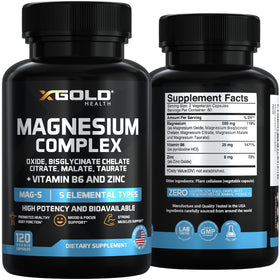 Flacon de complexe de magnésium X Gold Health avec dosage affiché