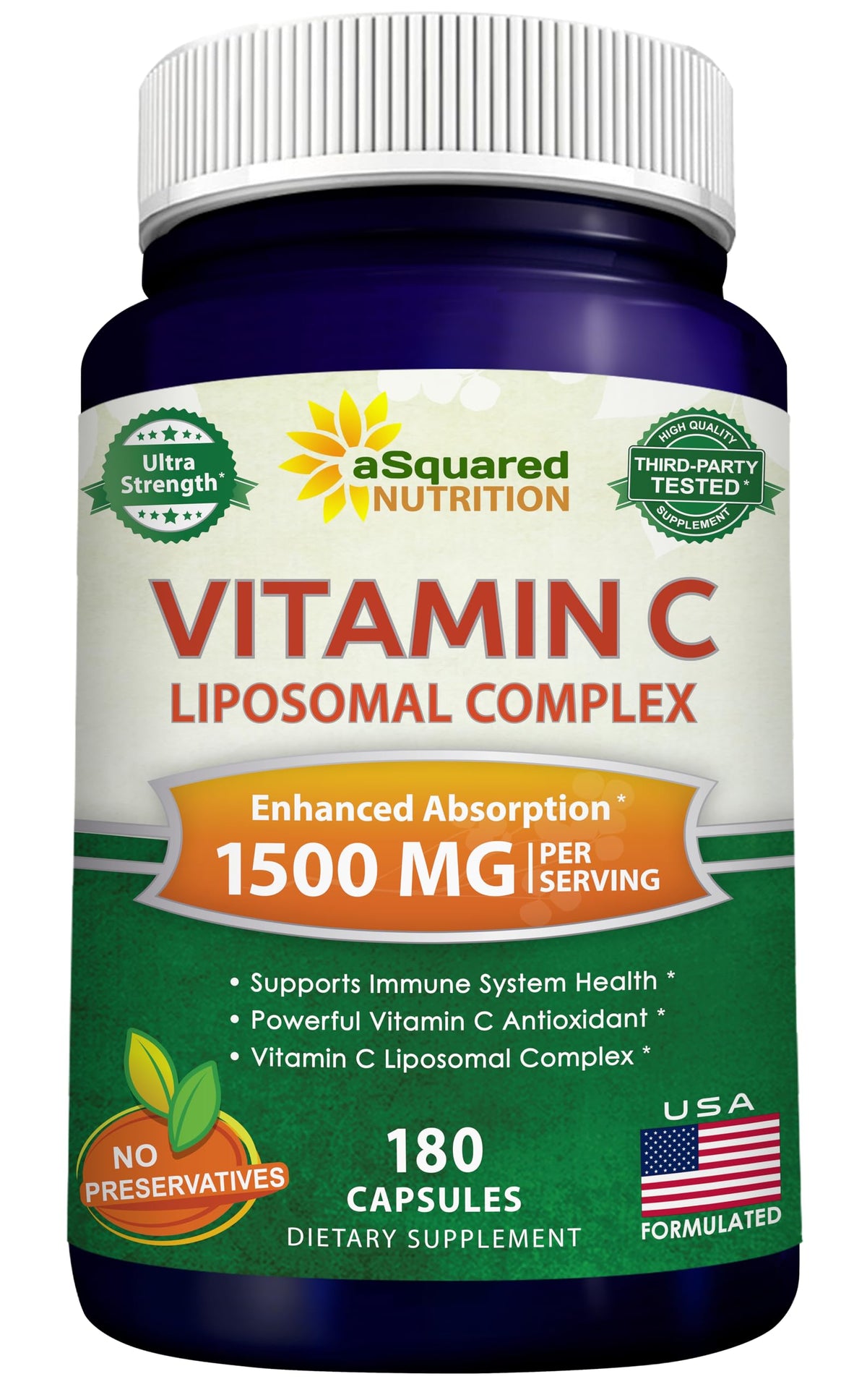 Flacon de Complexe Liposomal de Vitamine C 1500mg d'aSquared Nutrition, vue de face