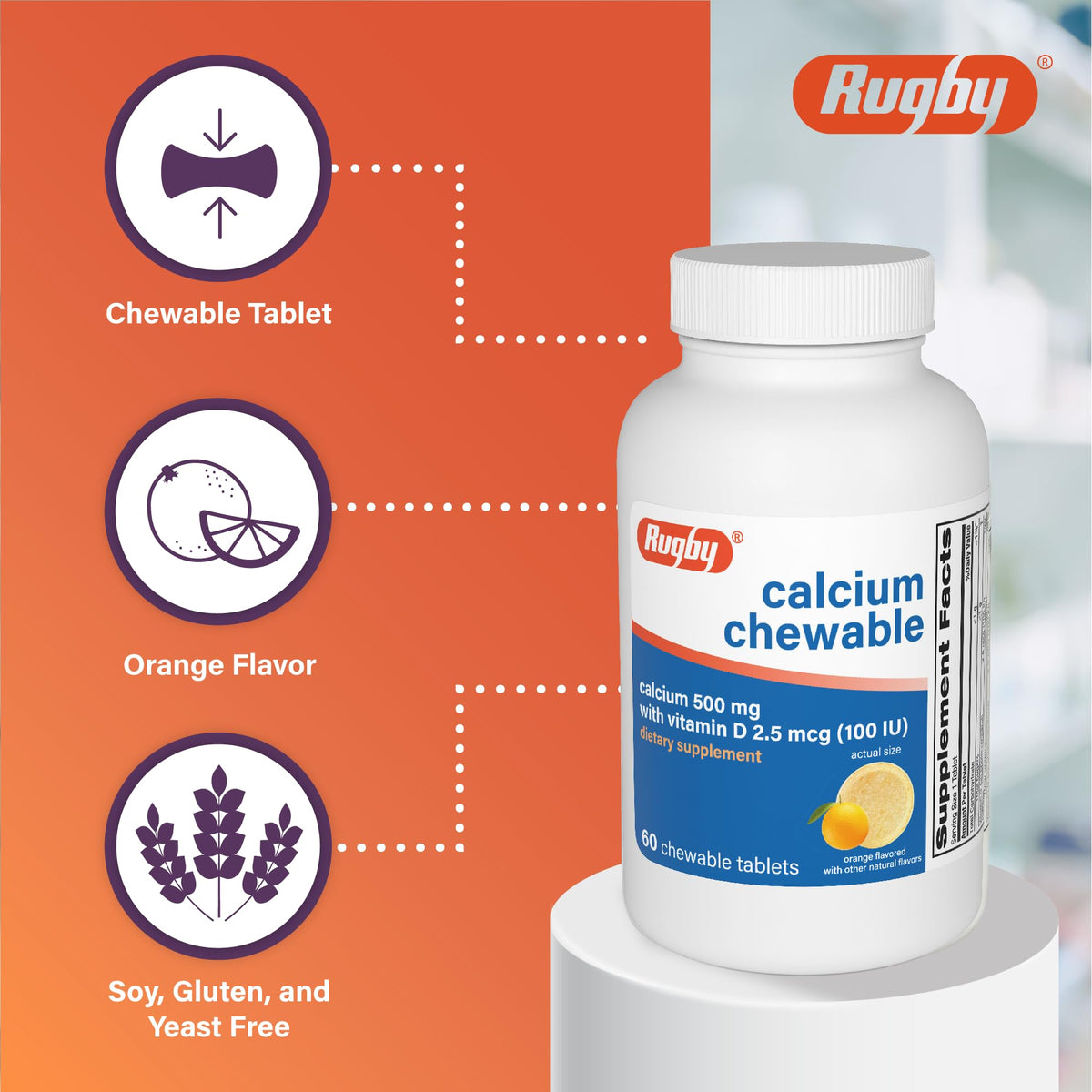 Flacon de comprimés à mâcher Calcium 500mg RUGBY LABORATORIES ouvert