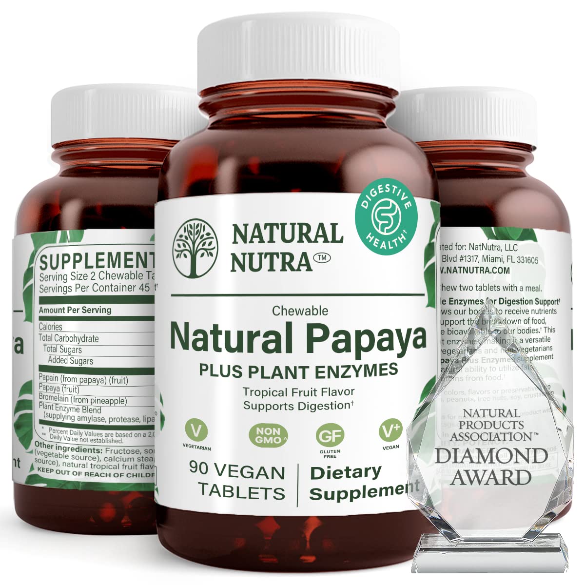 Flacon de comprimés à mâcher Natural Nutra Papaye 90 comprimés vegans