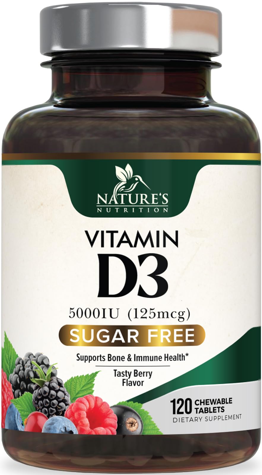 Flacon de comprimés à mâcher Nature's Nutrition Vitamine D3 5000 IU 120 comprimés