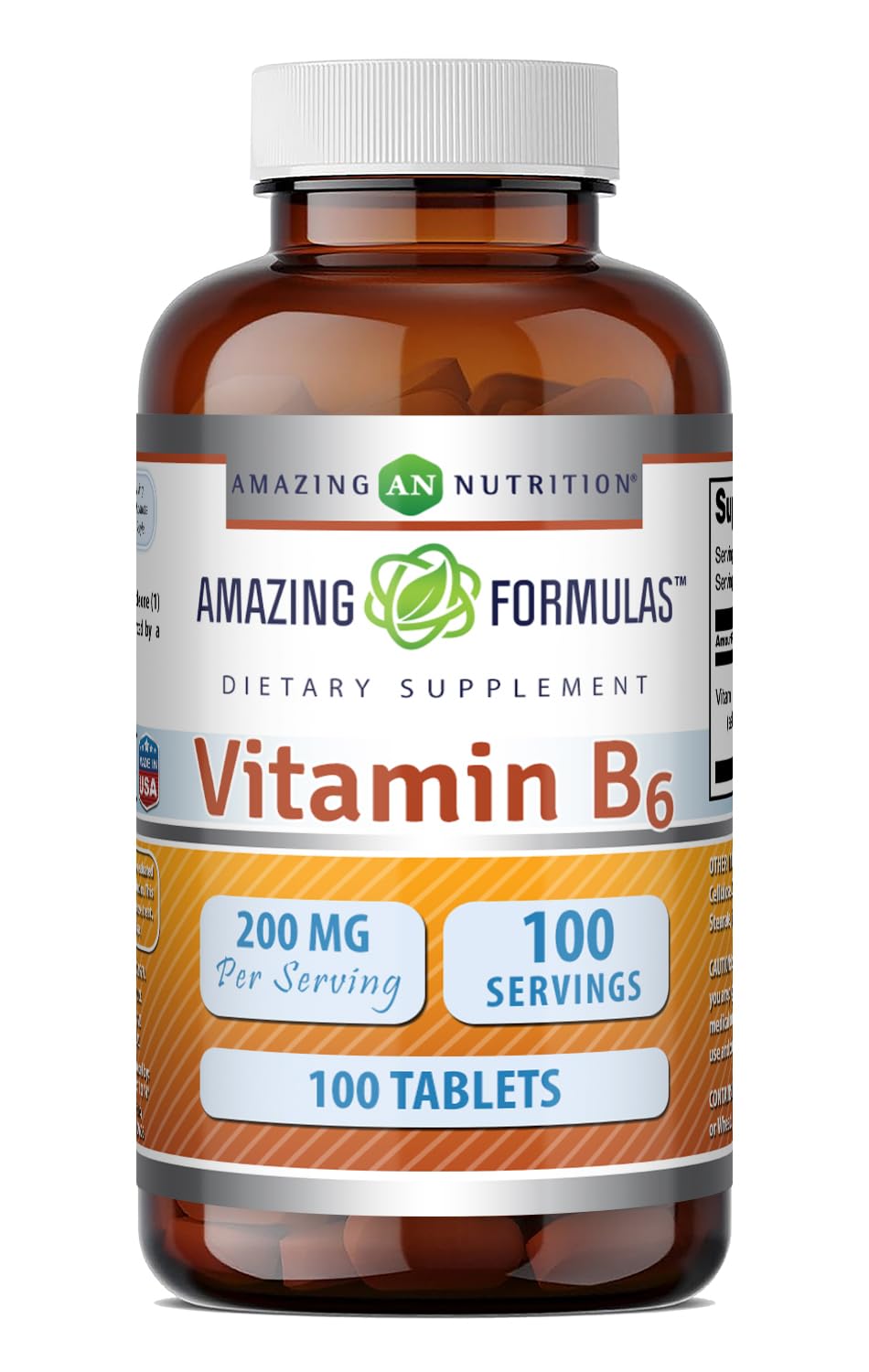 Flacon de comprimés Amazing Nutrition B6 200 mg vue de face