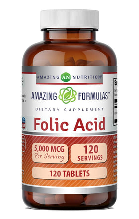Flacon de comprimés d'acide folique Amazing Nutrition 5000 Mcg