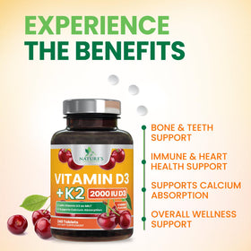 Flacon de comprimés D3 K2 Nature's Nutrition sur une table