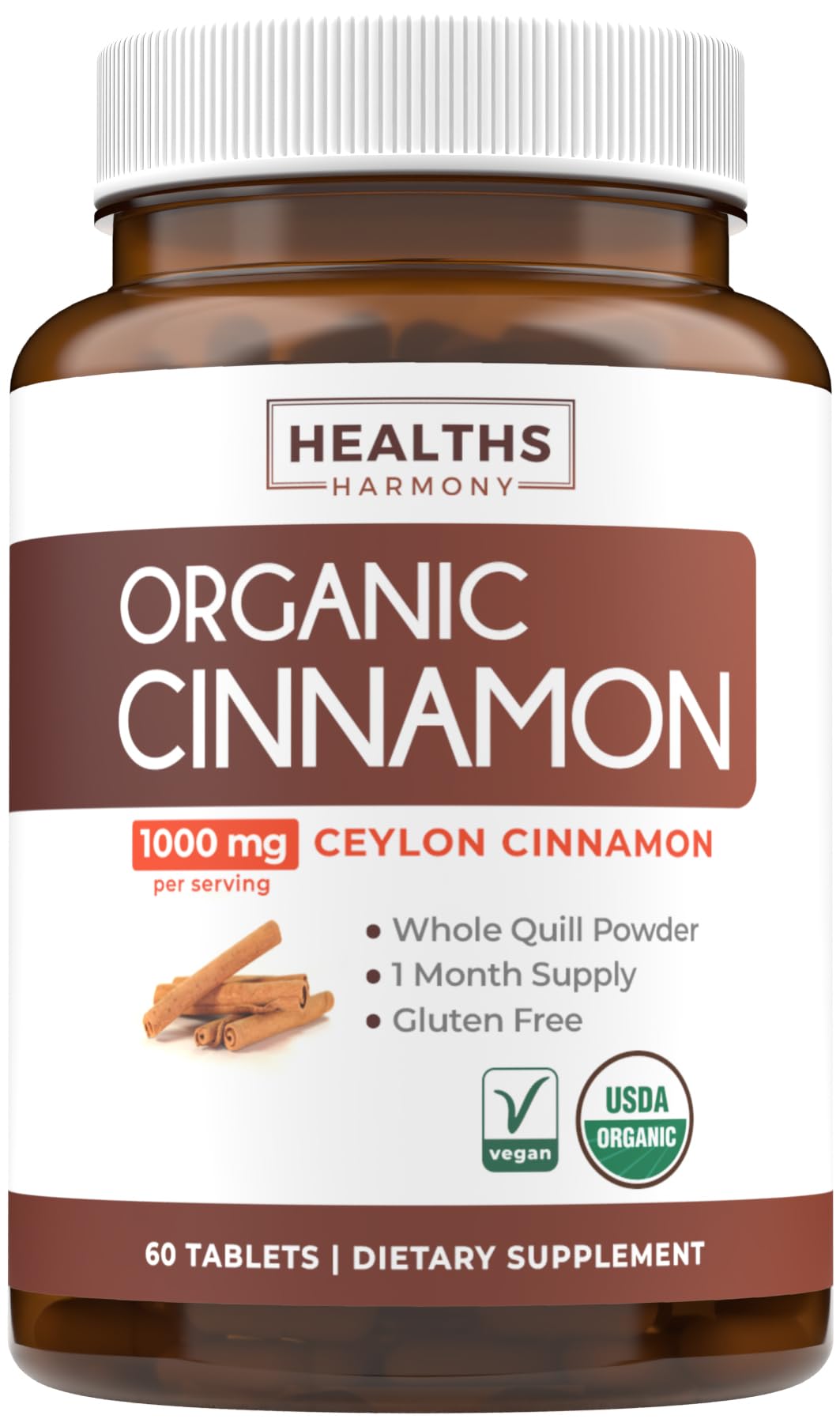 Flacon de comprimés de cannelle de Ceylan Healths Harmony vue de face