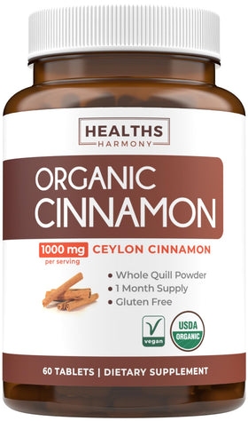 Flacon de comprimés de cannelle de Ceylan Healths Harmony vue de face