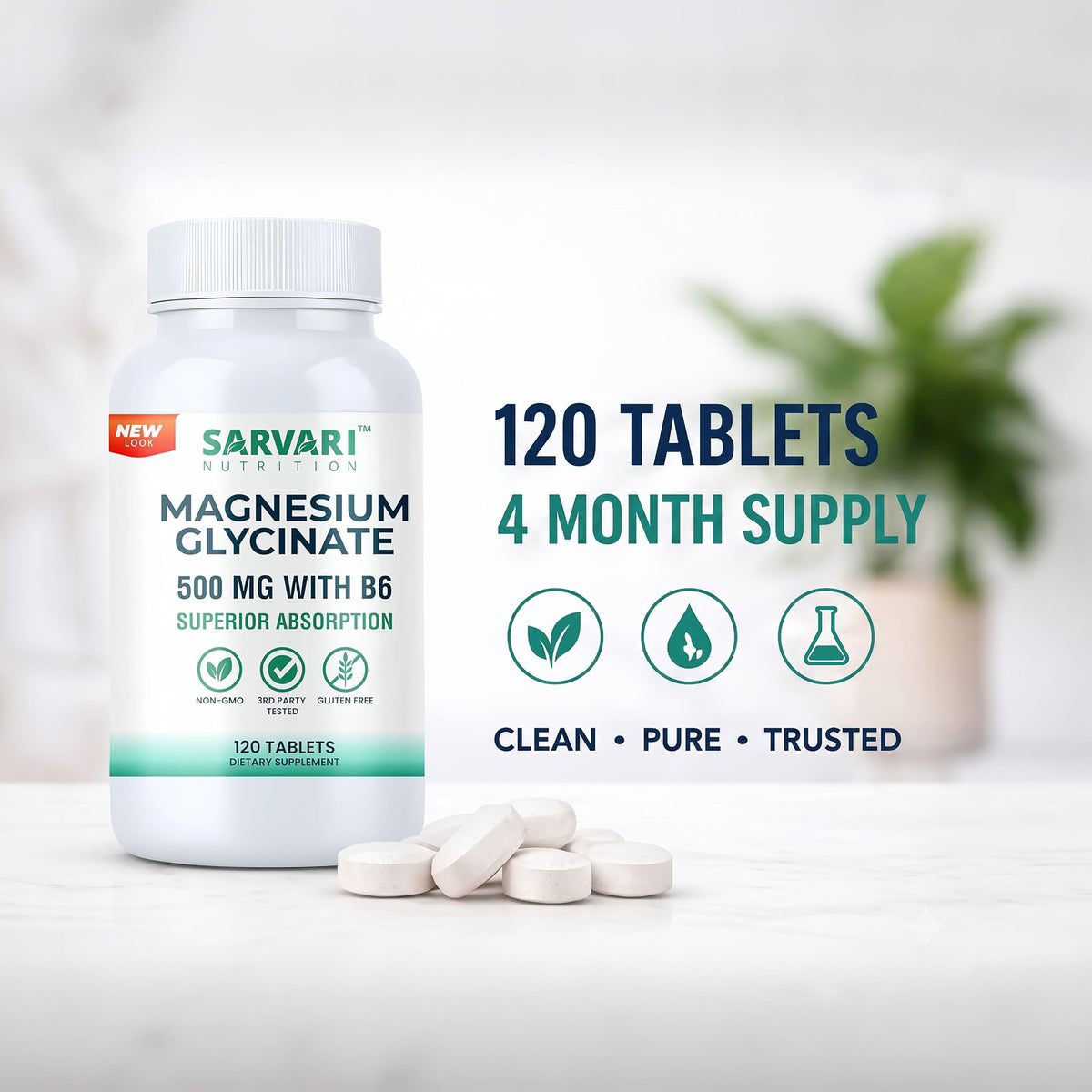 Flacon de comprimés de magnésium glycinate 500mg Sarvari Nutrition ouvert