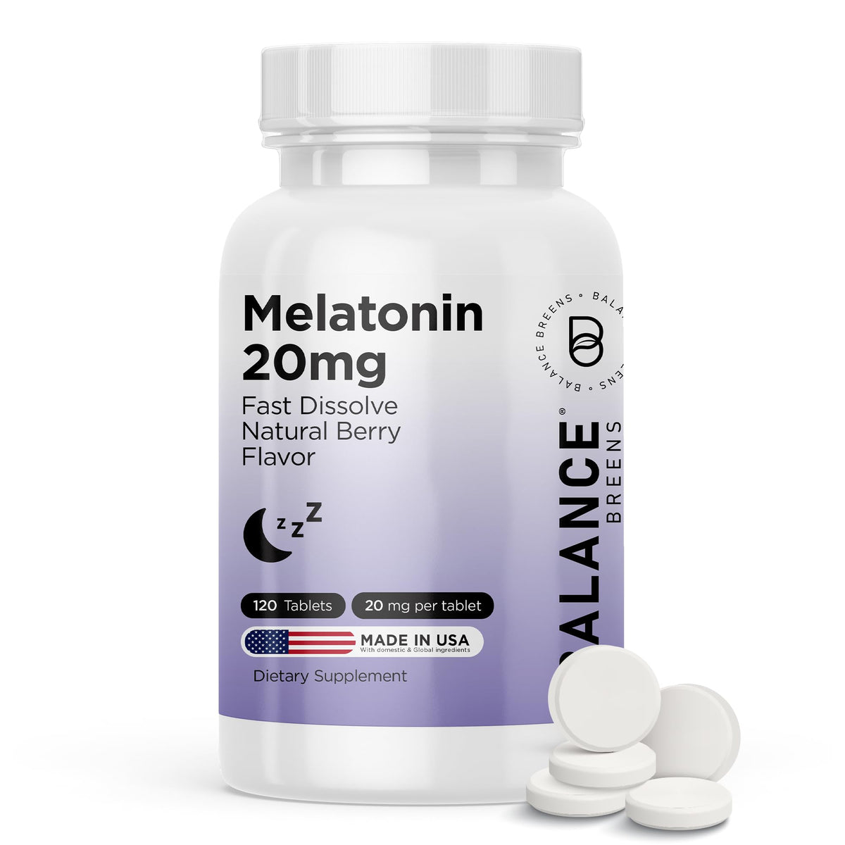 Flacon de comprimés de melatonine Balancebreens 20mg, vue de face