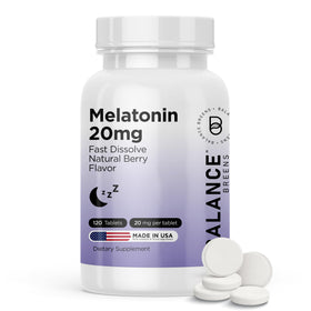Flacon de comprimés de melatonine Balancebreens 20mg, vue de face
