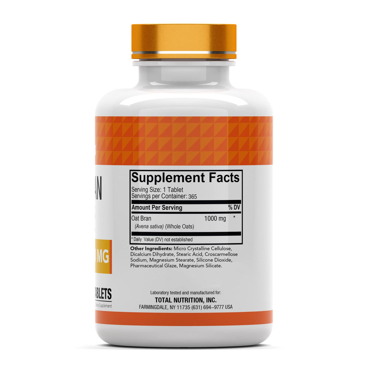 Flacon de comprimés de son d'avoine tnvitamins, étiquette et contenu