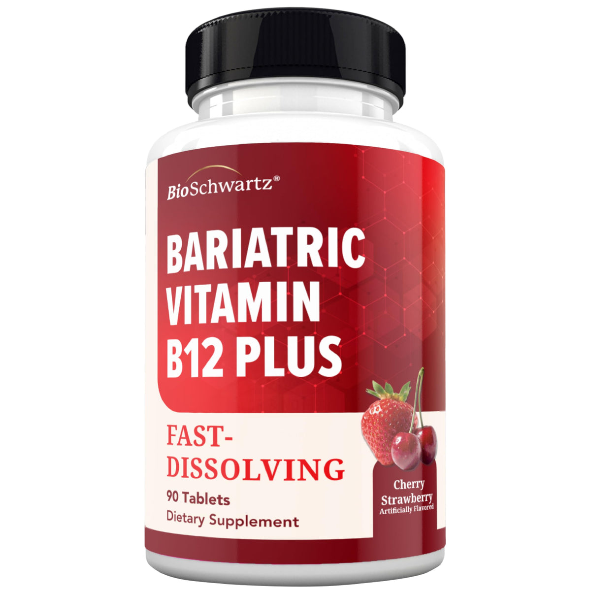 Flacon de comprimés dissolvables B12 BioSchwartz cerise fraise vue de face