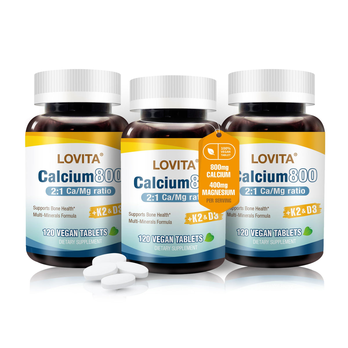Flacon de comprimés LOVITA Citrate de Calcium 800 mg avec D3 et K2
