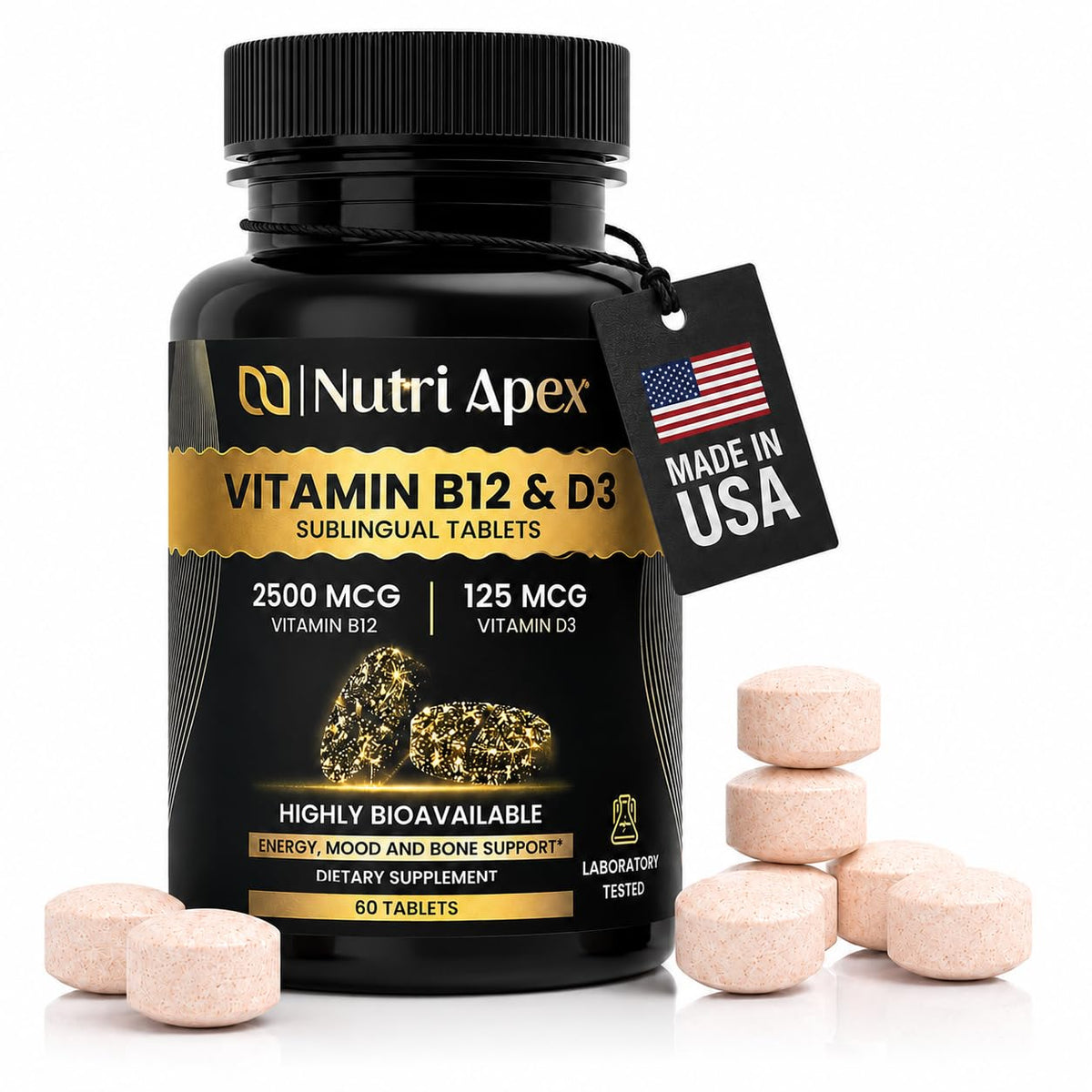 Flacon de comprimés sublinguales Nutri Apex B12 et D3, 60 comprimés