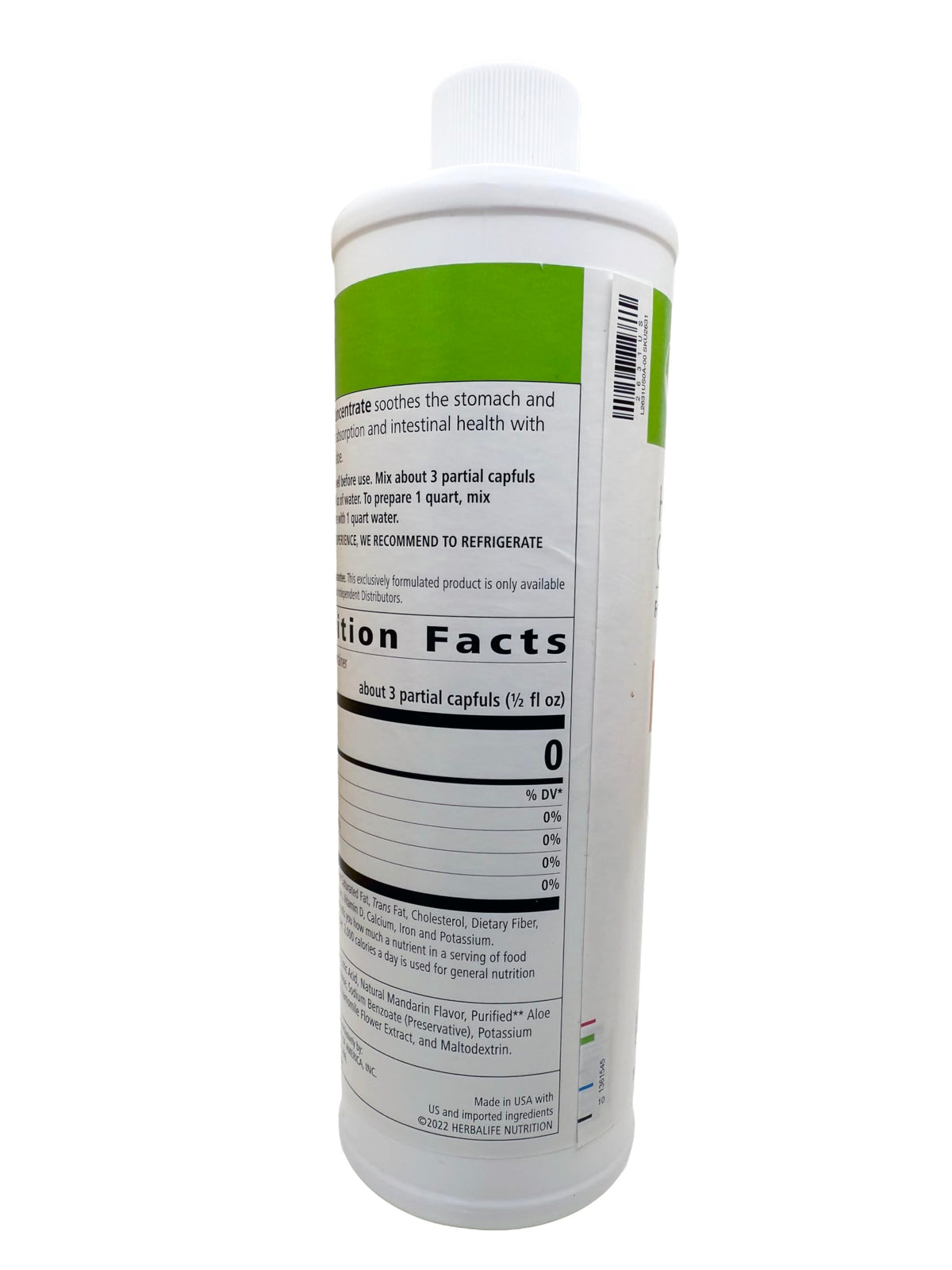 Flacon de concentré d'Aloe Vera Herbalife avec étiquette mandarine