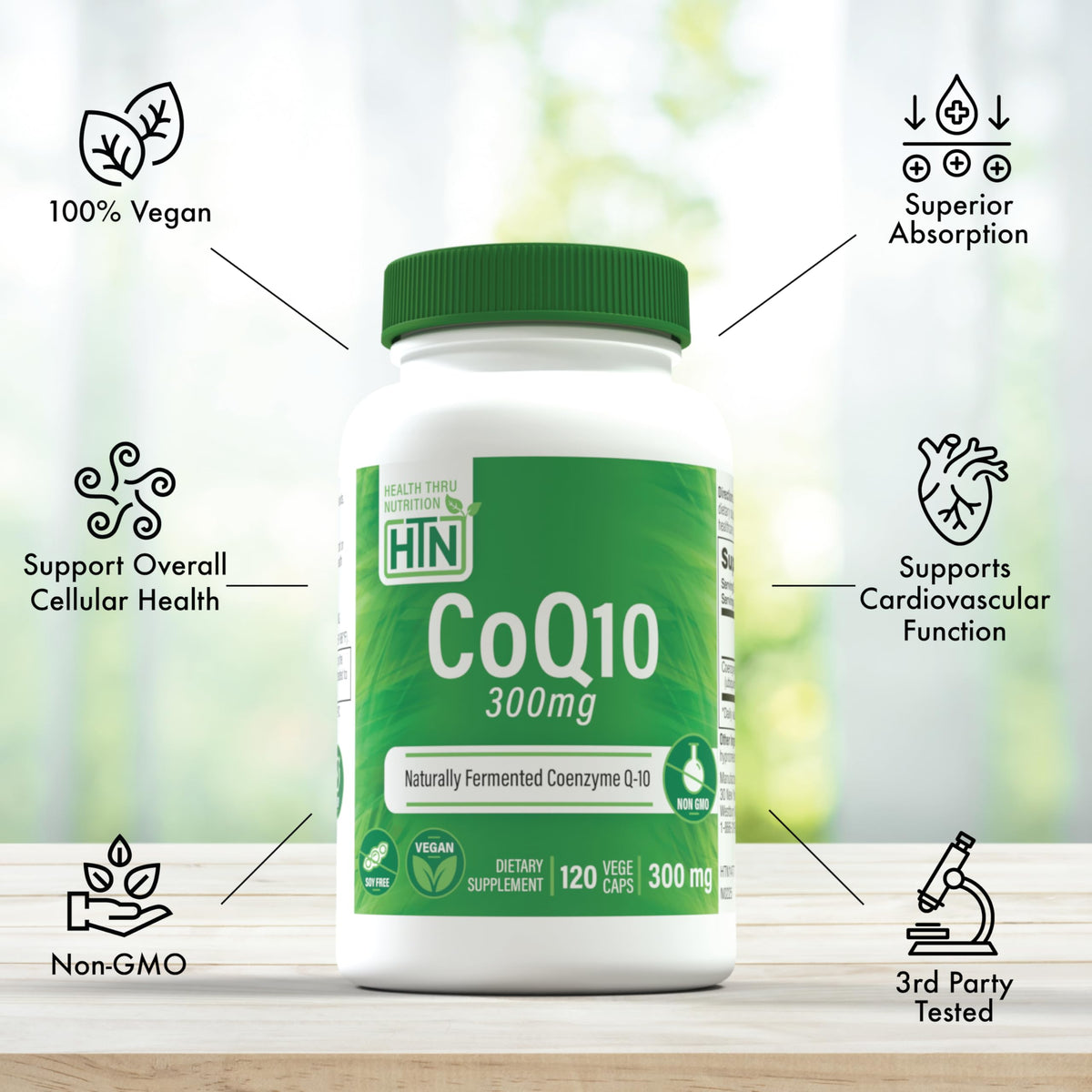 Flacon de CoQ-10 300mg avec étiquette