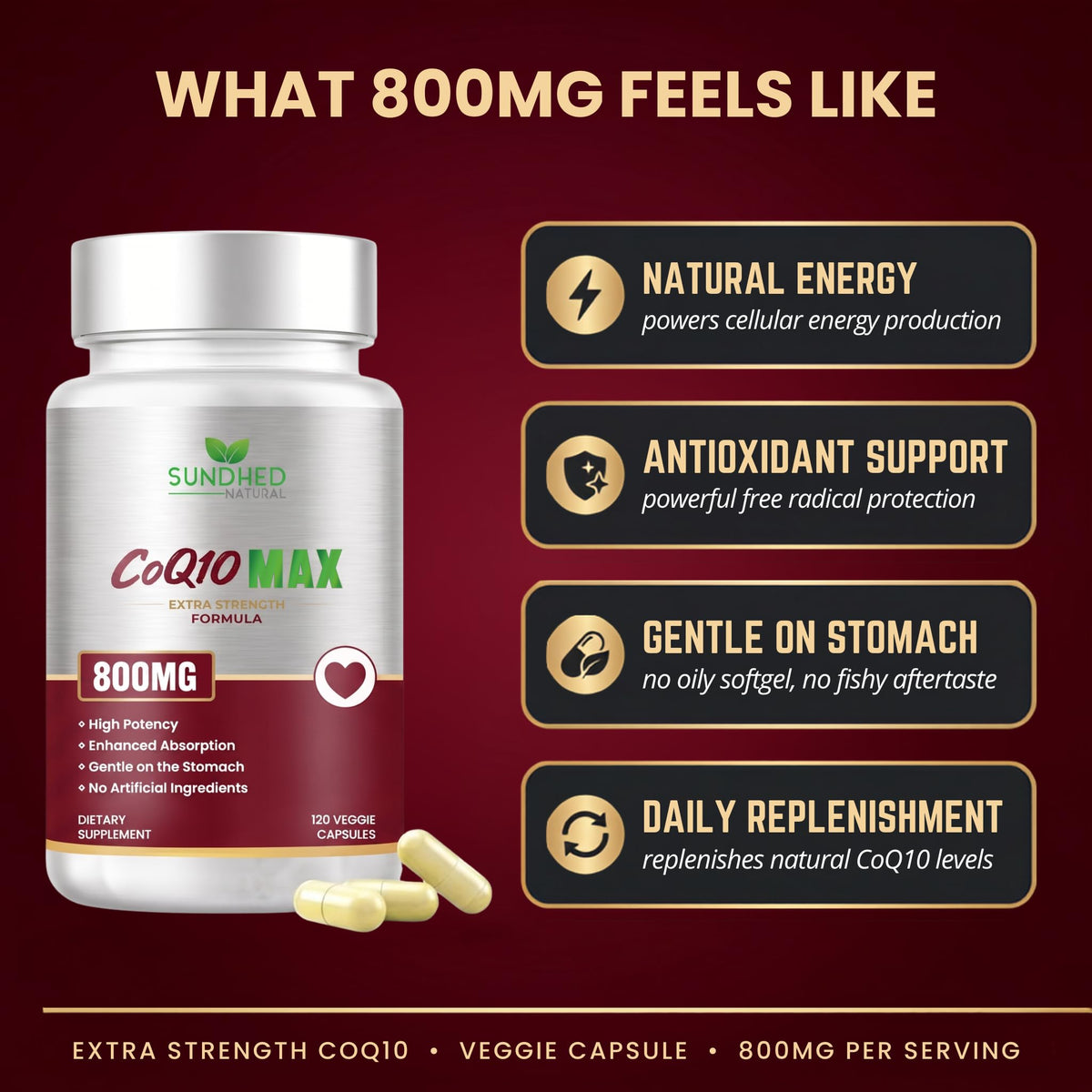 Flacon de CoQ10 800mg avec étiquette claire de Sundhed Natural