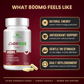 Flacon de CoQ10 800mg avec étiquette claire de Sundhed Natural