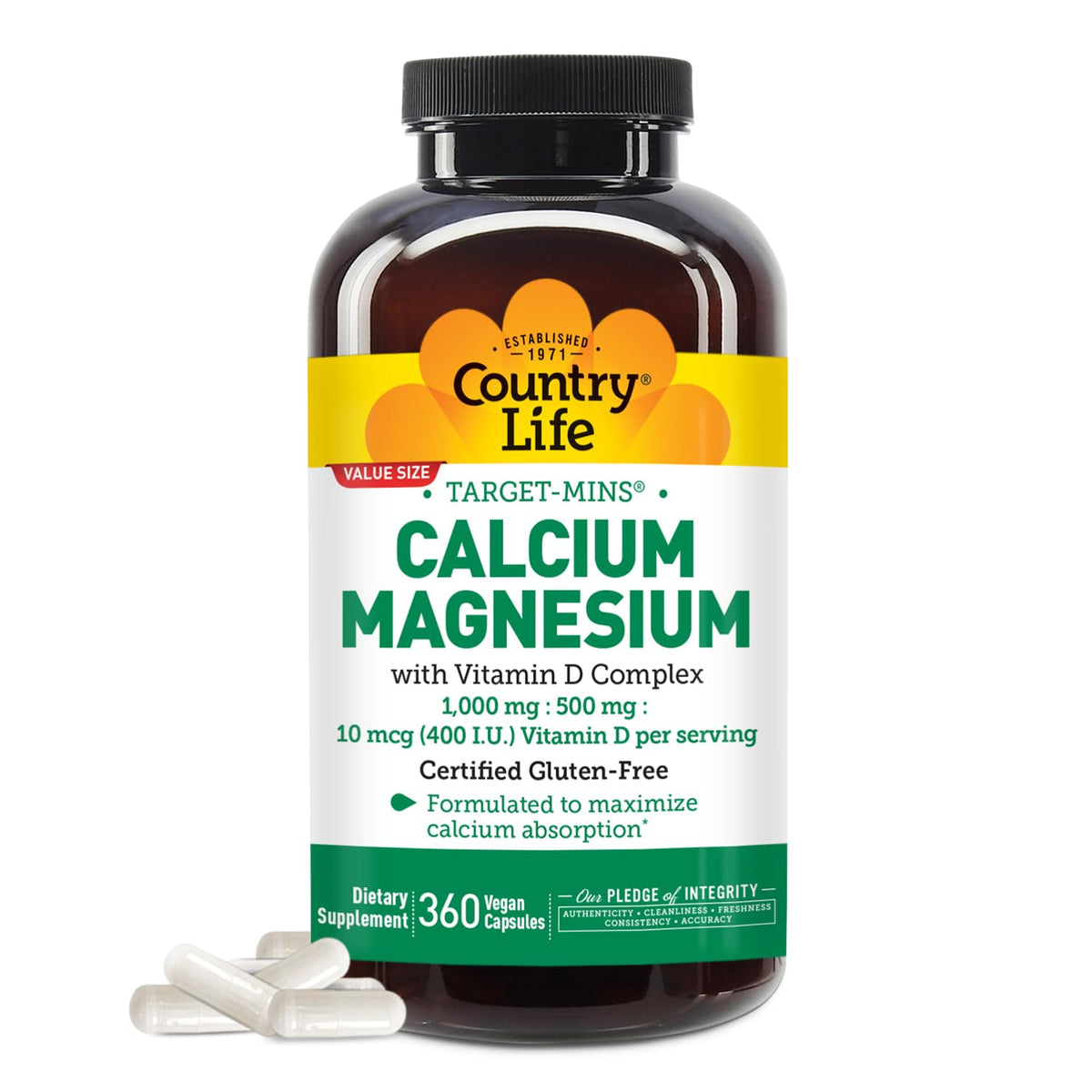 Flacon de Country Life Calcium Magnésium Vitamine D 360 capsules