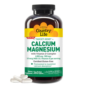 Flacon de Country Life Calcium Magnésium Vitamine D 360 capsules