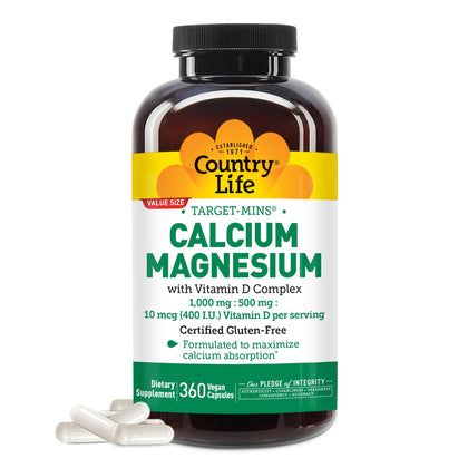 Flacon de Country Life Calcium Magnésium Vitamine D 360 capsules