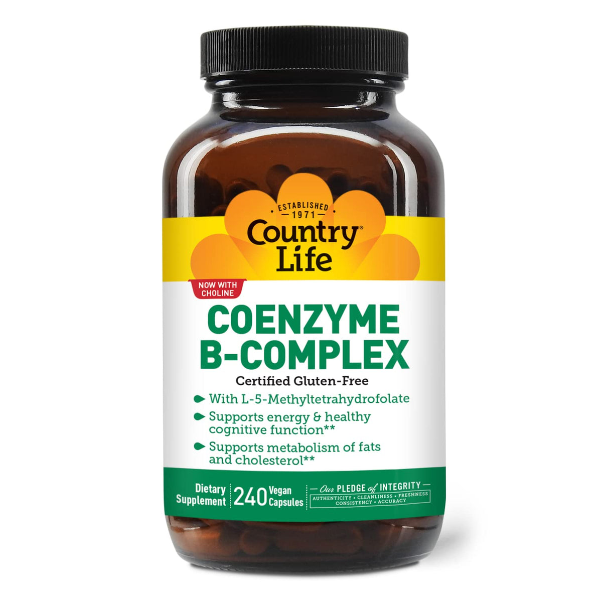 Flacon de Country Life Coenzyme B-Complex 240 capsules sur fond blanc