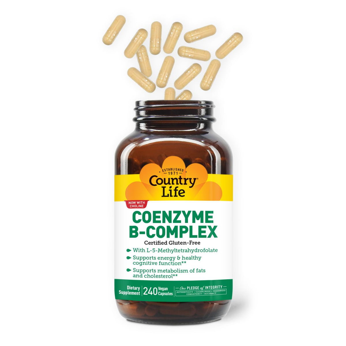 Flacon de Country Life Coenzyme B-Complex avec arrière-plan naturel