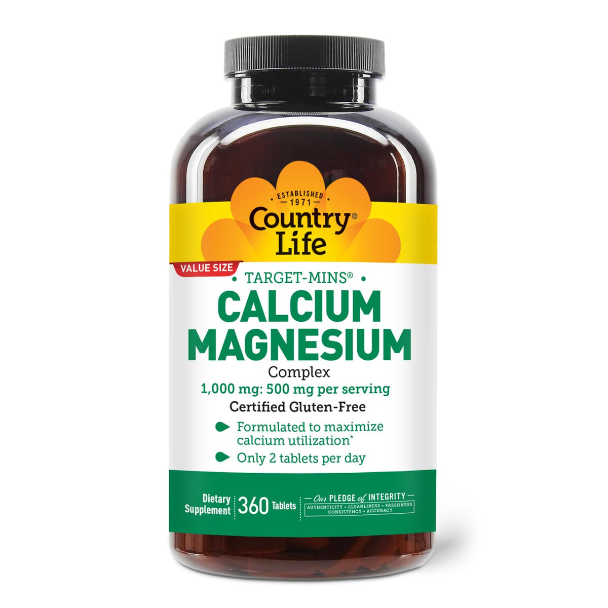 Flacon de Country Life Complexe Calcium Magnésium 360 comprimés vue de face